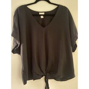 Ava & Viv Blouse Womens 1X Plus Black V-Neck Front Tie Dolman Short Sleeve